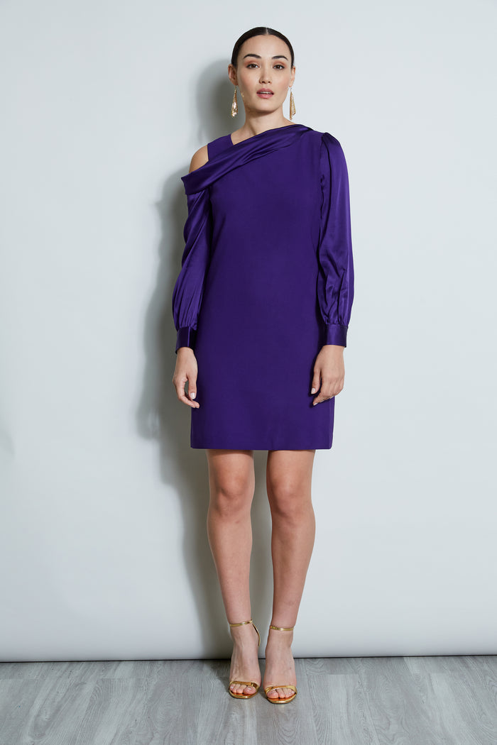 Elie Tahari Draped Satin Shoulder Dress WINTER PLUM
