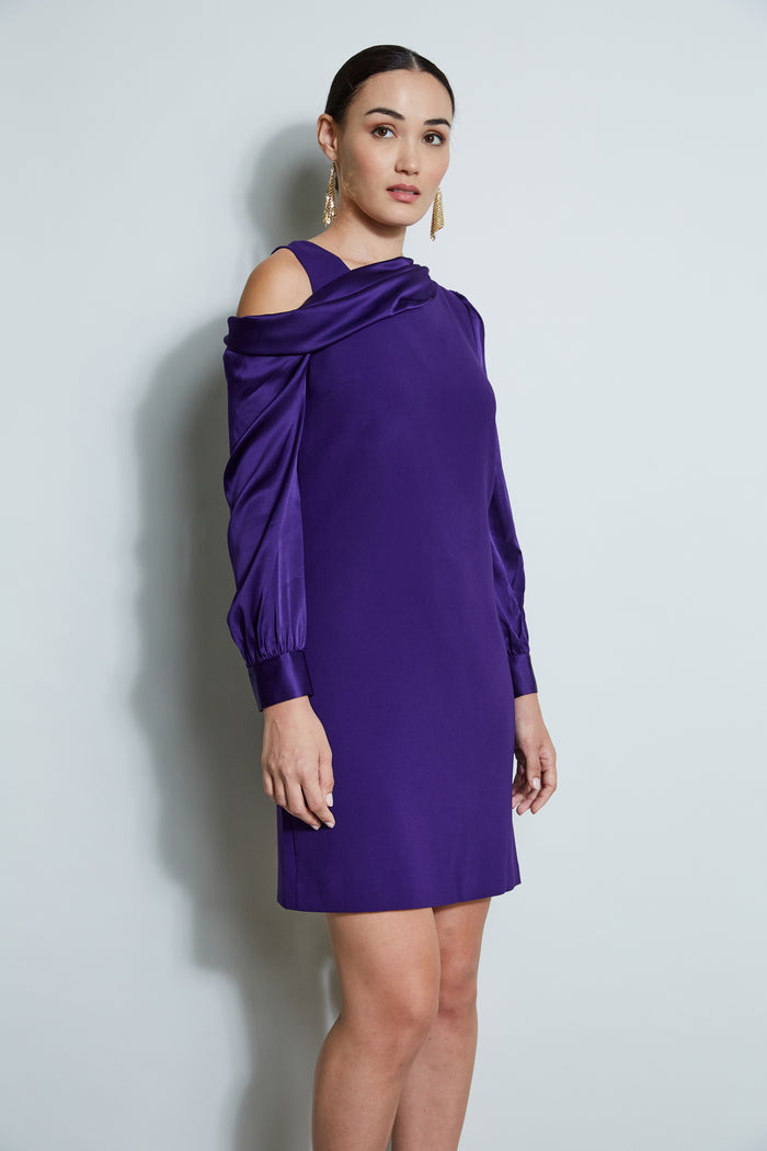 Elie Tahari Draped Satin Shoulder Dress WINTER PLUM