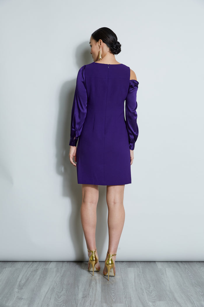 Elie Tahari Draped Satin Shoulder Dress WINTER PLUM
