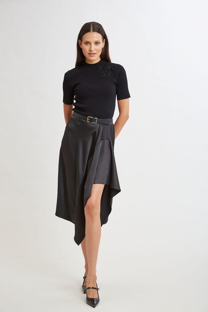 Elie Tahari Asymmetric Hem Satin Midi Skirt BLACK