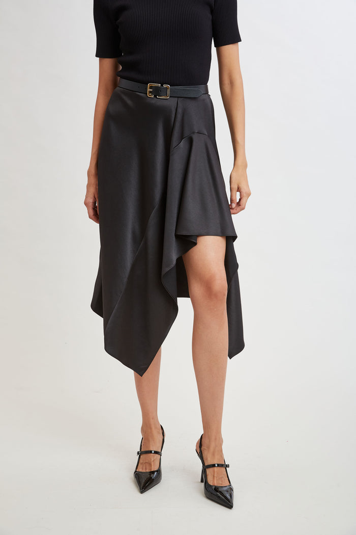Elie Tahari Asymmetric Hem Satin Midi Skirt BLACK