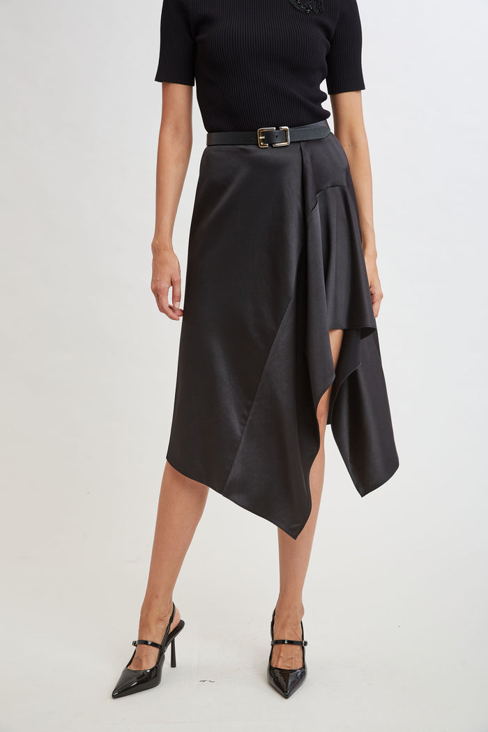 Elie Tahari Asymmetric Hem Satin Midi Skirt BLACK