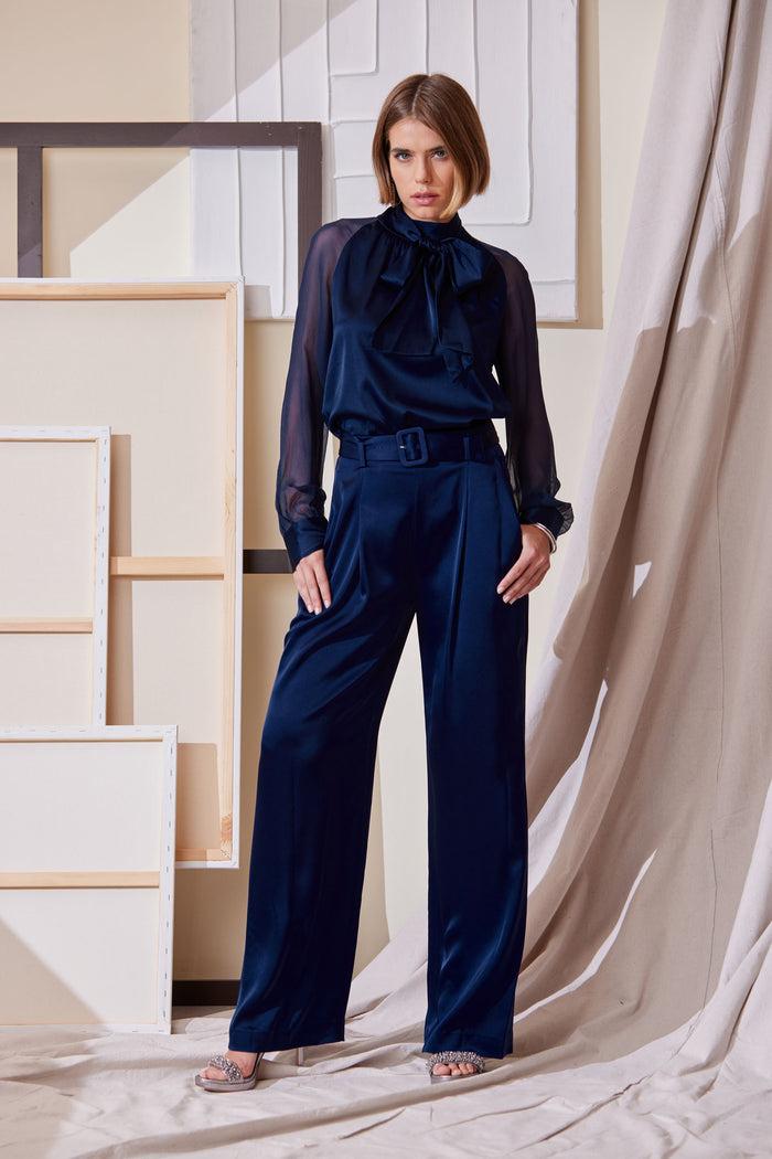 Elie Tahari Belted Satin Pleated Pant MIDNIGHT