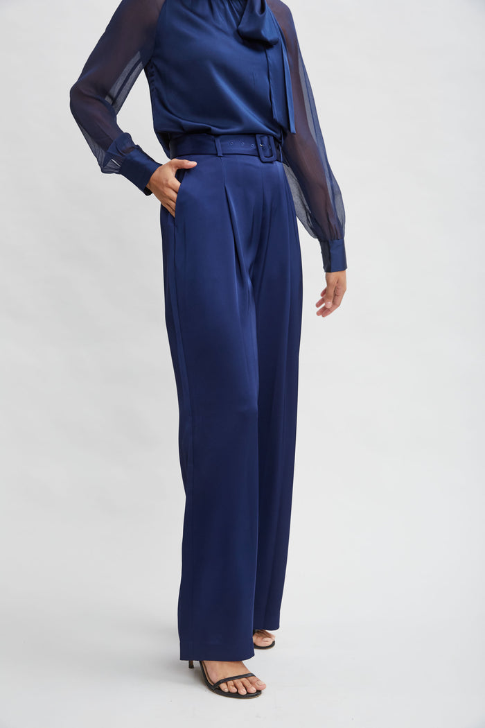 Elie Tahari Belted Satin Pleated Pant MIDNIGHT