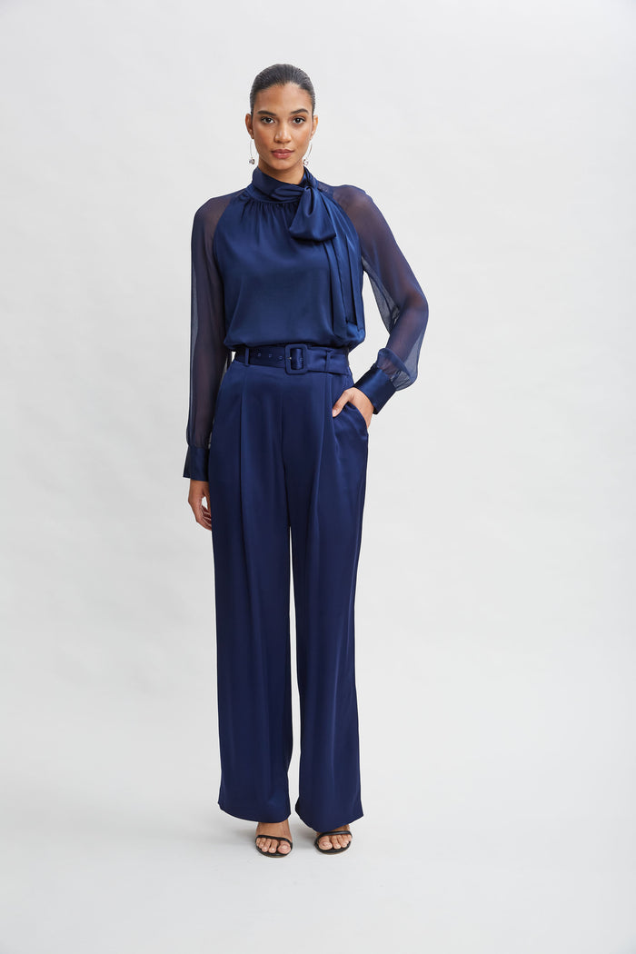 Elie Tahari Belted Satin Pleated Pant MIDNIGHT