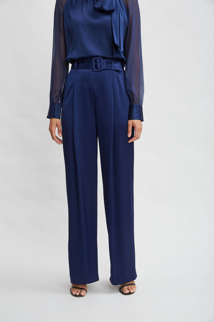 Elie Tahari Belted Satin Pleated Pant MIDNIGHT