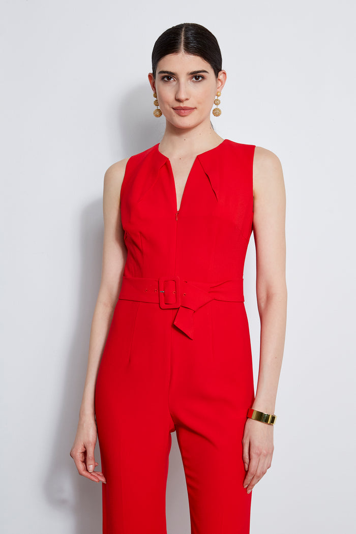 Elie Tahari Belted Slit Jumpsuit BERRY