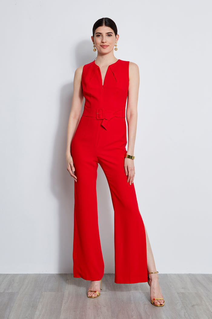 Elie Tahari Belted Slit Jumpsuit BERRY