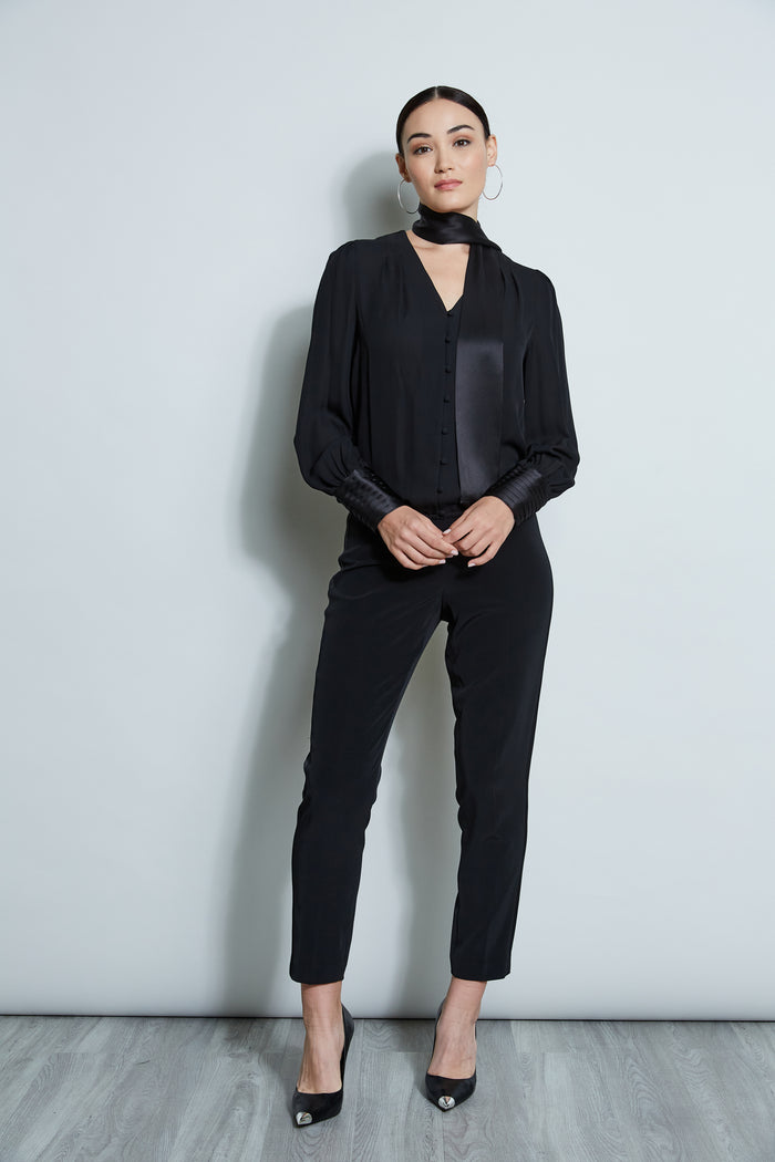 Elie Tahari Blouson Satin Tie Shirt BLACK
