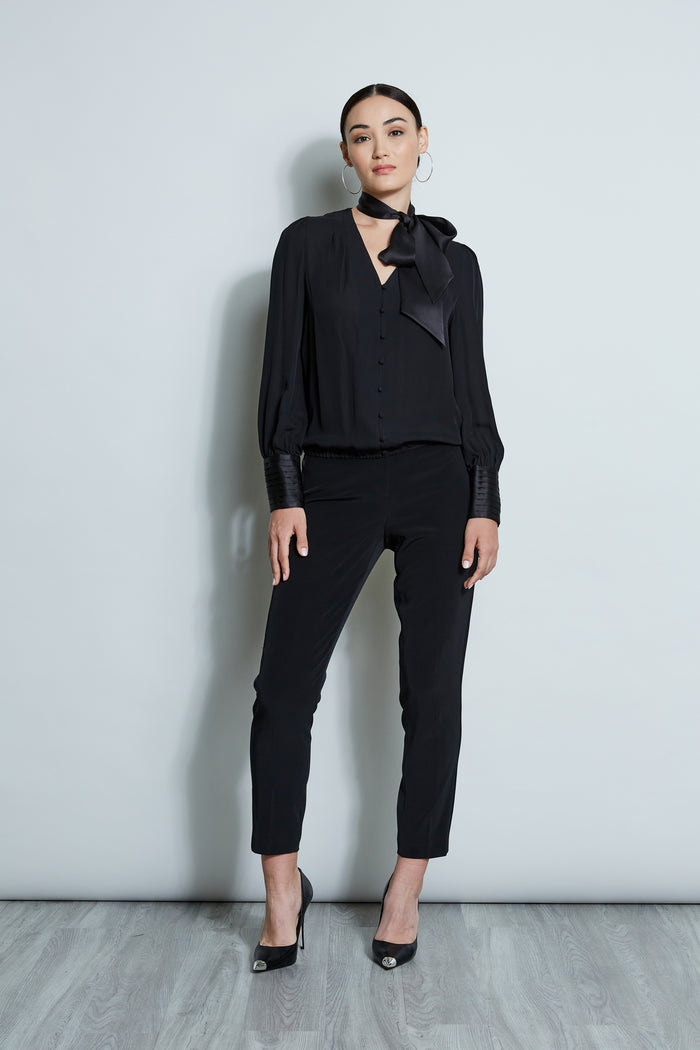 Elie Tahari Blouson Satin Tie Shirt BLACK