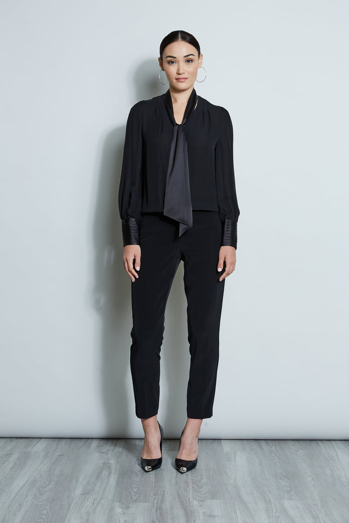 Elie Tahari Blouson Satin Tie Shirt BLACK