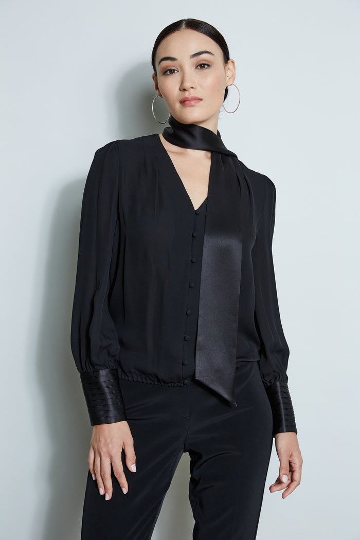 Elie Tahari Blouson Satin Tie Shirt BLACK
