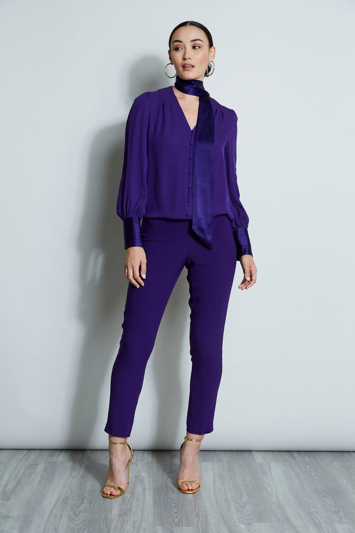Elie Tahari Blouson Satin Tie Shirt WINTER PLUM