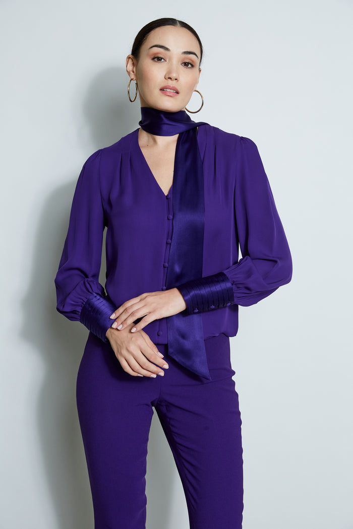 Elie Tahari Blouson Satin Tie Shirt WINTER PLUM
