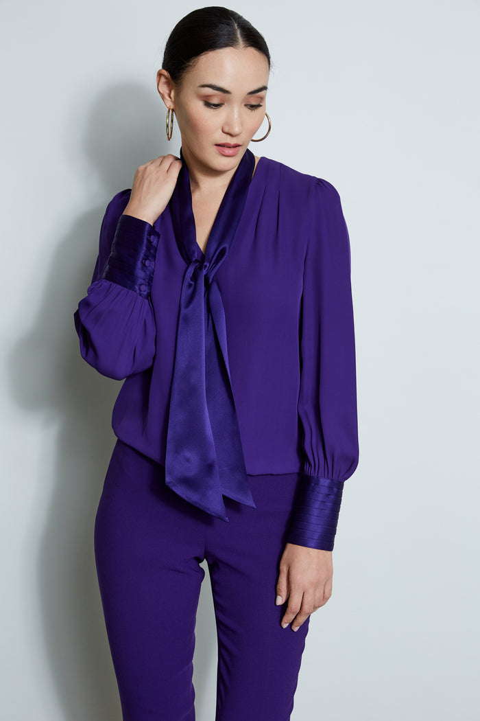 Elie Tahari Blouson Satin Tie Shirt WINTER PLUM