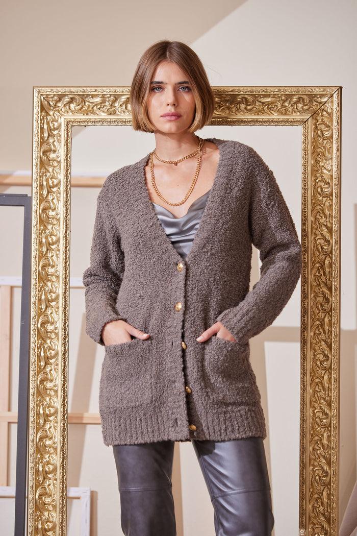 Elie Tahari Boucle Merino Cardigan PORCINI
