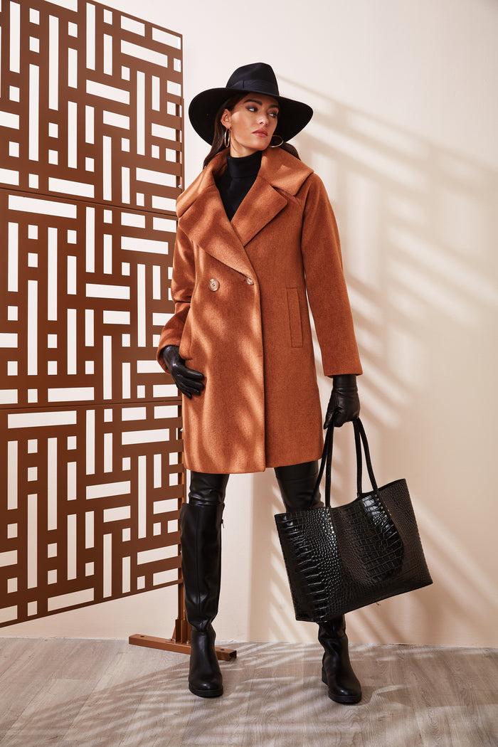 Elie Tahari Brushed Double Breasted Coat CARAMEL
