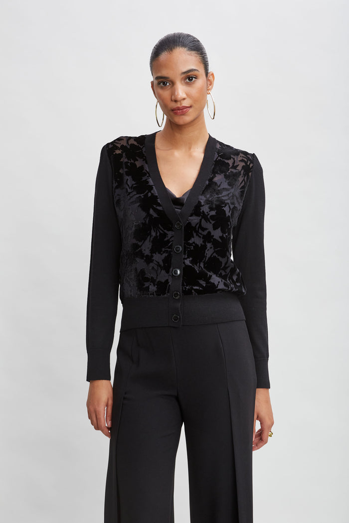 Elie Tahari Burnout Velvet Cardigan BLACK