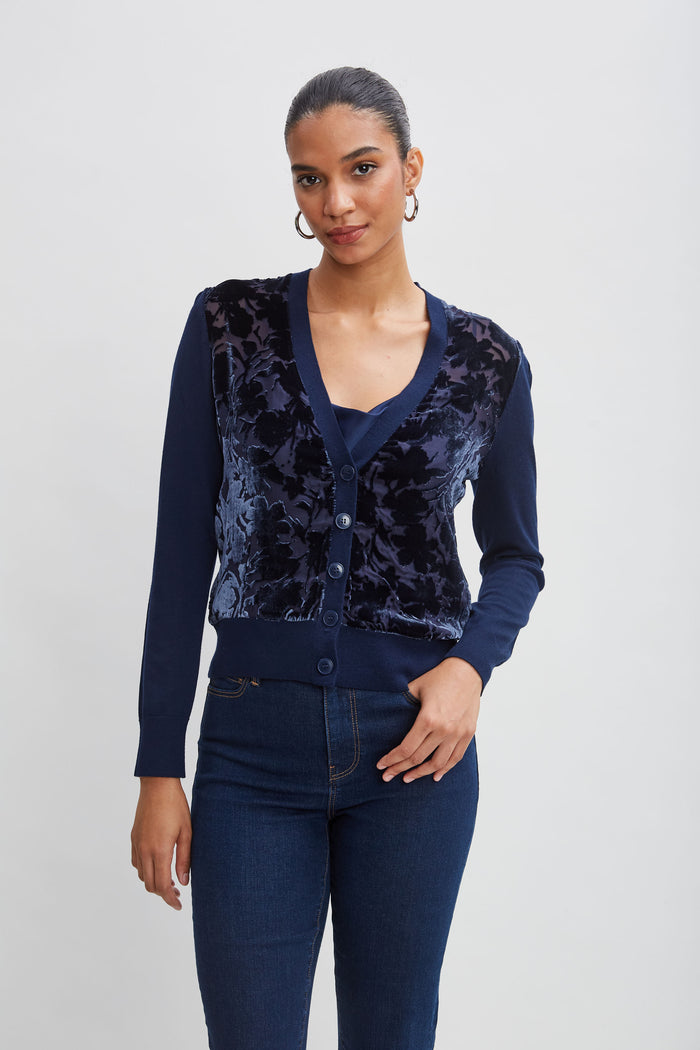 Elie Tahari Burnout Velvet Cardigan GALAXY NAVY