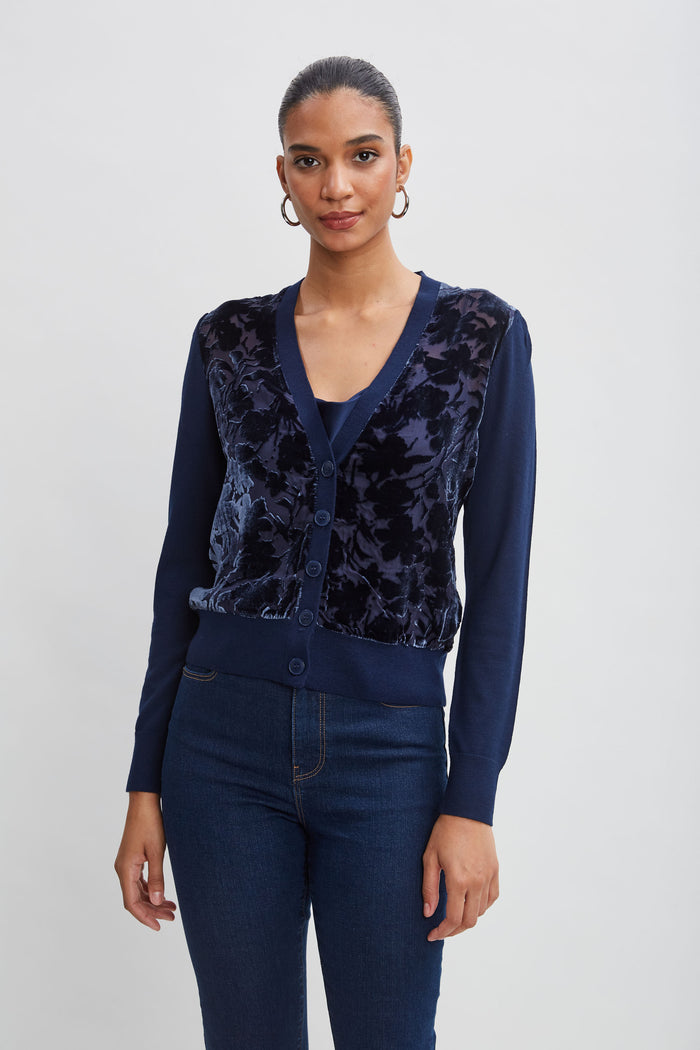 Elie Tahari Burnout Velvet Cardigan GALAXY NAVY