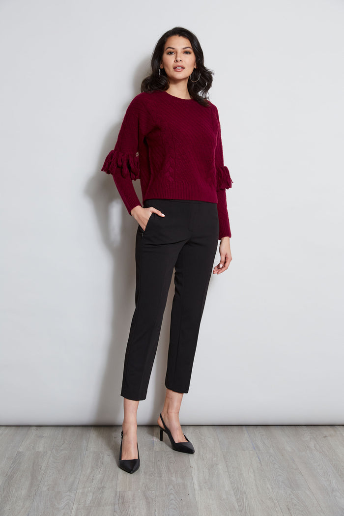 Elie Tahari Cable Knit Fringe Sweater MULBERRY