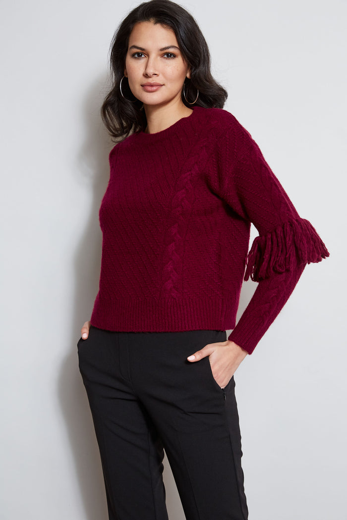 Elie Tahari Cable Knit Fringe Sweater MULBERRY