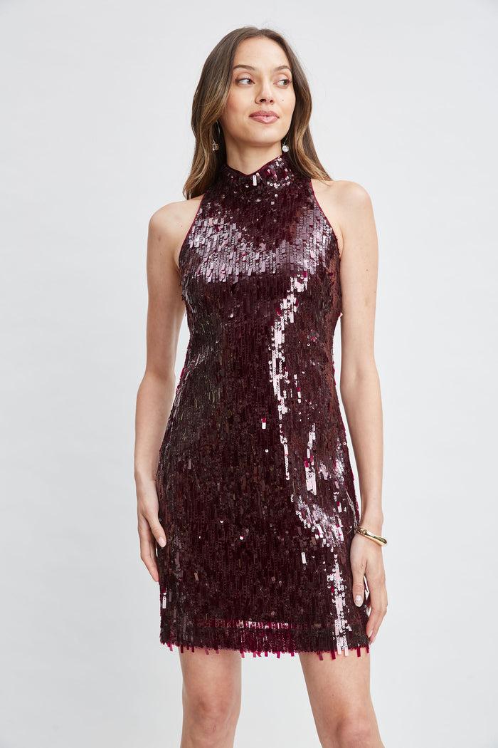 Elie Tahari Chandelier Sequin Halter Dress SANGRIA