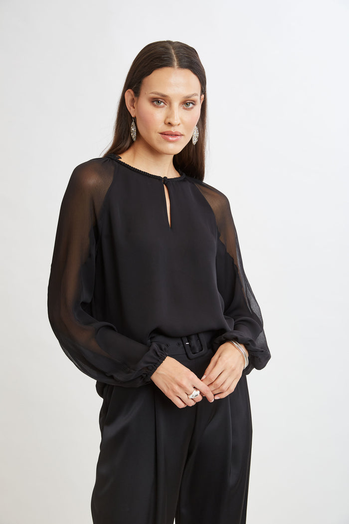 Elie Tahari Chiffon Combo Georgette Shirt BLACK