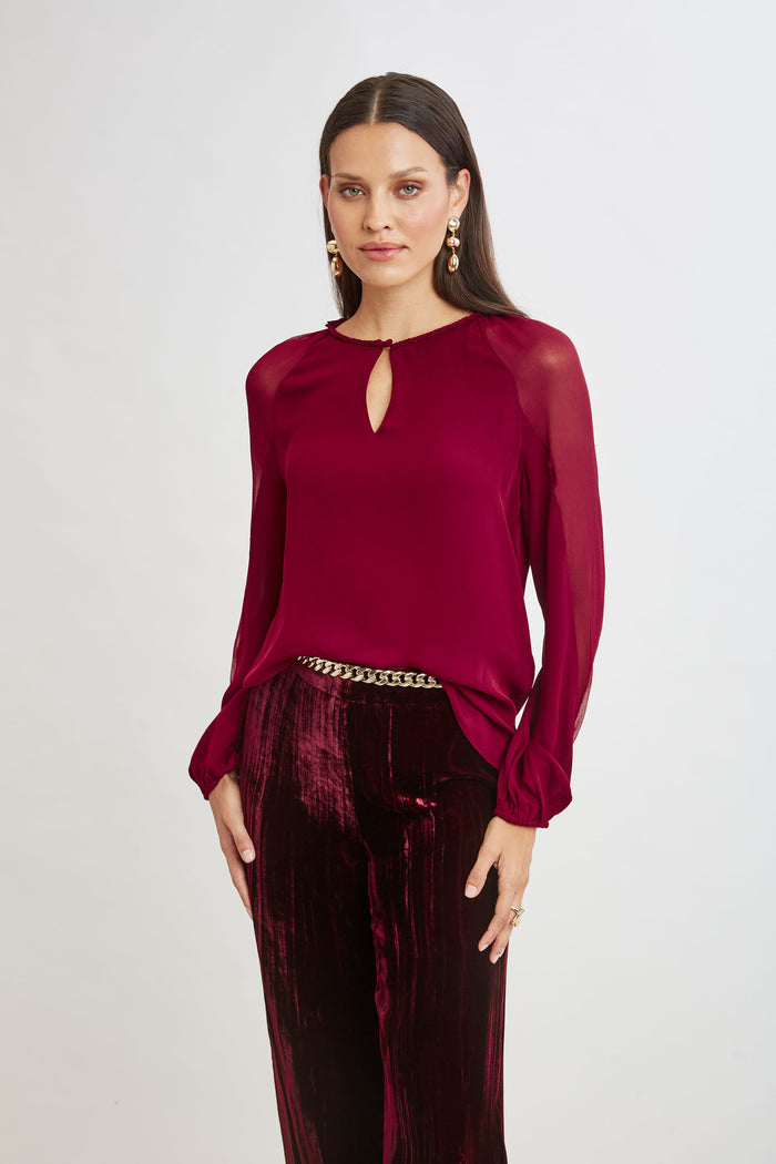 Elie Tahari Chiffon Combo Georgette Shirt SANGRIA