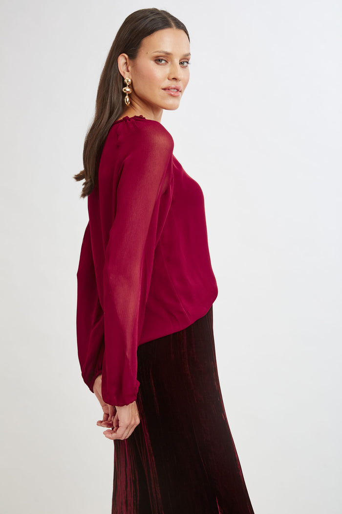 Elie Tahari Chiffon Combo Georgette Shirt SANGRIA
