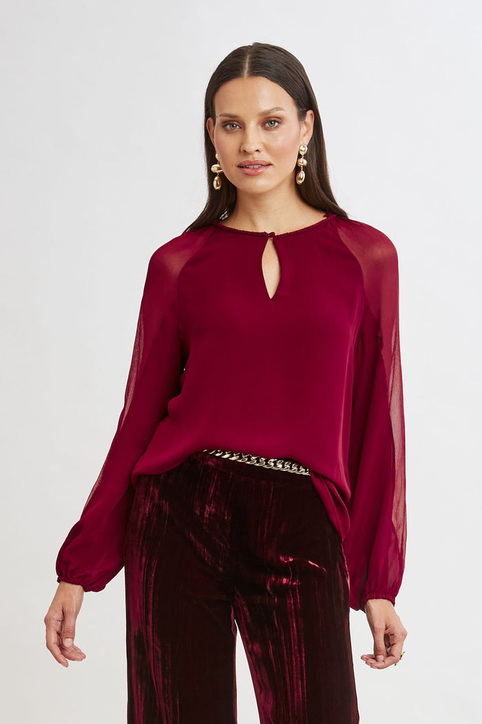 Elie Tahari Chiffon Combo Georgette Shirt SANGRIA