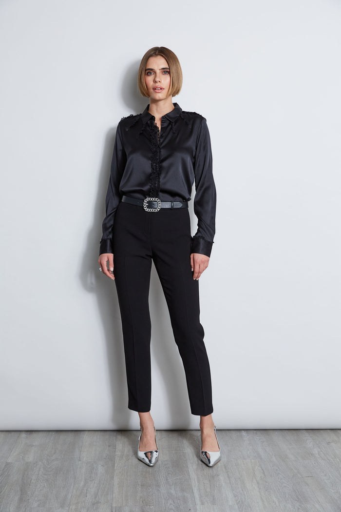 Elie Tahari Chiffon Ruffle Silk Satin Shirt BLACK