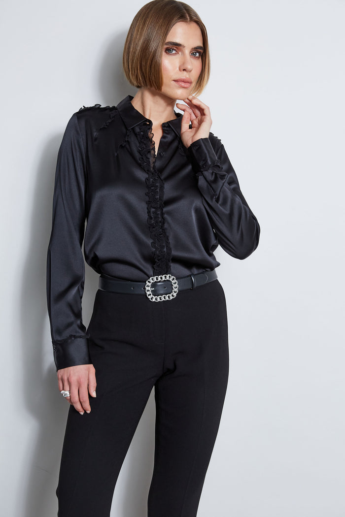 Elie Tahari Chiffon Ruffle Silk Satin Shirt BLACK