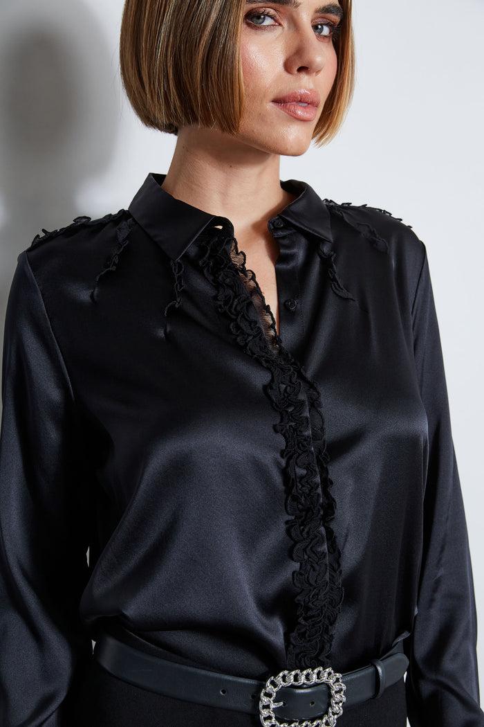 Elie Tahari Chiffon Ruffle Silk Satin Shirt BLACK