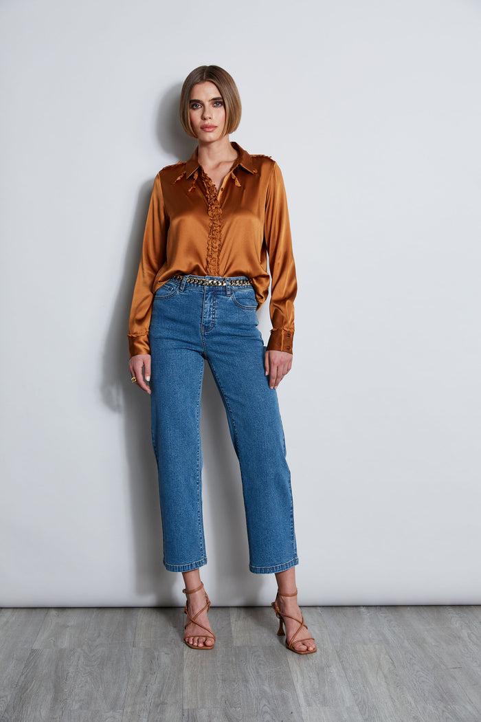 Elie Tahari Chiffon Ruffle Silk Satin Shirt COPPER