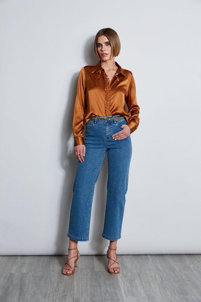 Elie Tahari Chiffon Ruffle Silk Satin Shirt COPPER