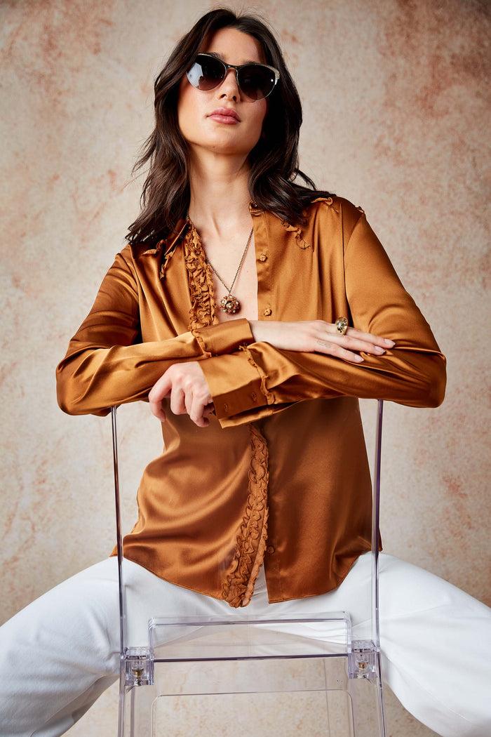 Elie Tahari Chiffon Ruffle Silk Satin Shirt COPPER