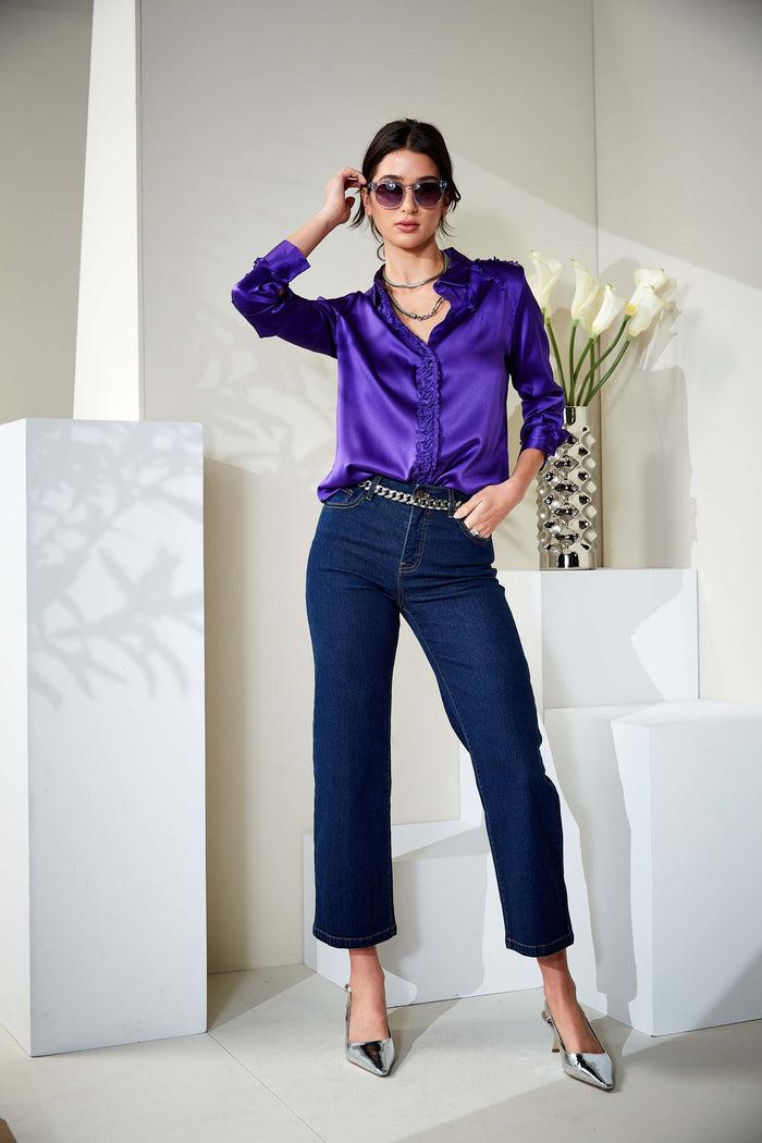 Elie Tahari Chiffon Ruffle Silk Satin Shirt GRAPE
