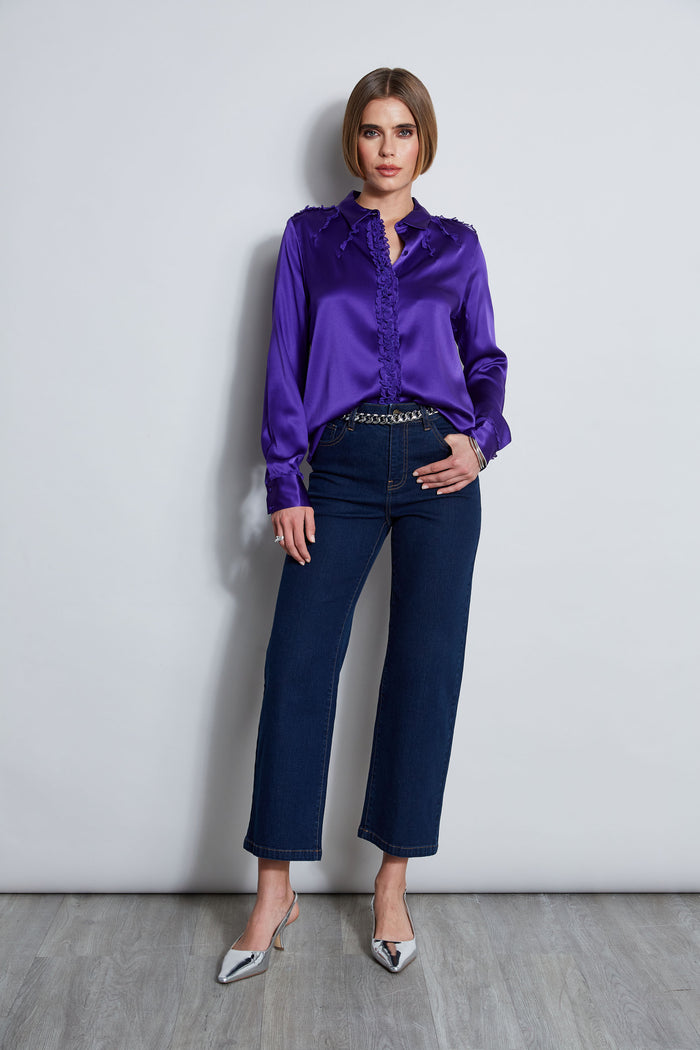 Elie Tahari Chiffon Ruffle Silk Satin Shirt GRAPE