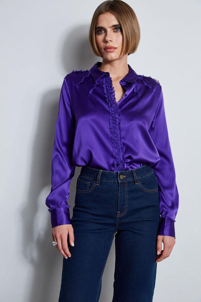 Elie Tahari Chiffon Ruffle Silk Satin Shirt GRAPE