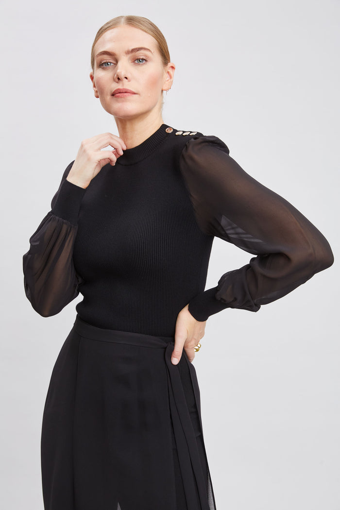 Elie Tahari Chiffon Sleeve Button Knit BLACK