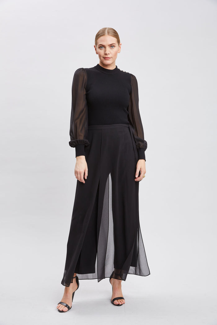Elie Tahari Chiffon Sleeve Button Knit BLACK