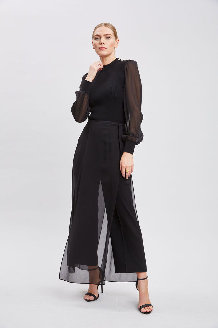 Elie Tahari Chiffon Sleeve Button Knit BLACK