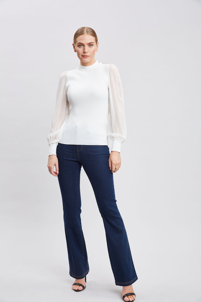 Elie Tahari Chiffon Sleeve Button Knit WHITE