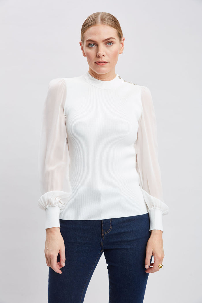 Elie Tahari Chiffon Sleeve Button Knit WHITE