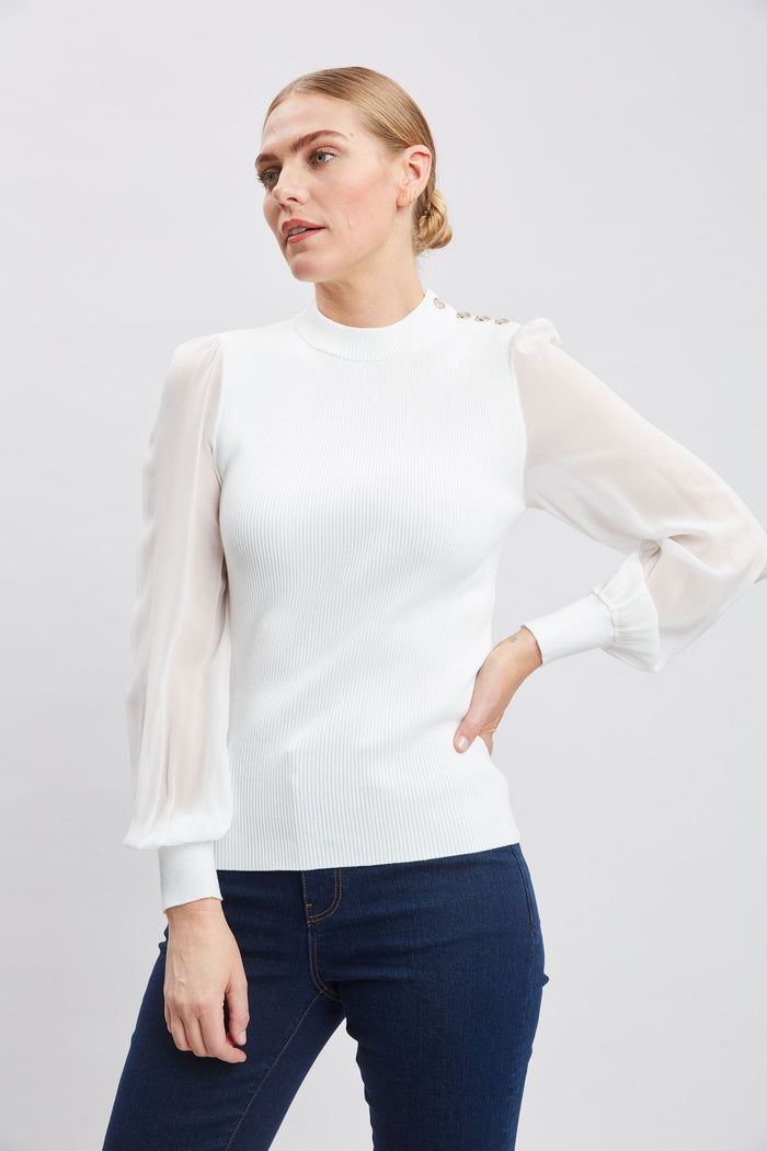 Elie Tahari Chiffon Sleeve Button Knit WHITE