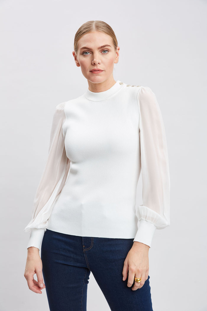 Elie Tahari Chiffon Sleeve Button Knit WHITE