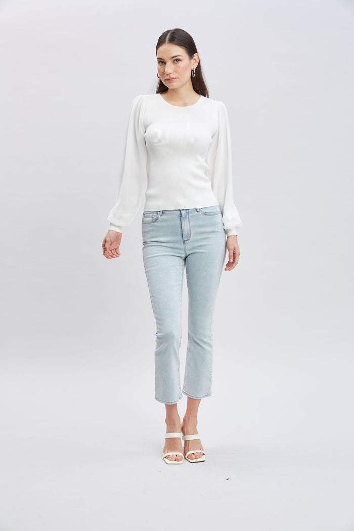Elie Tahari Chiffon Sleeve Rib Sweater Sky White