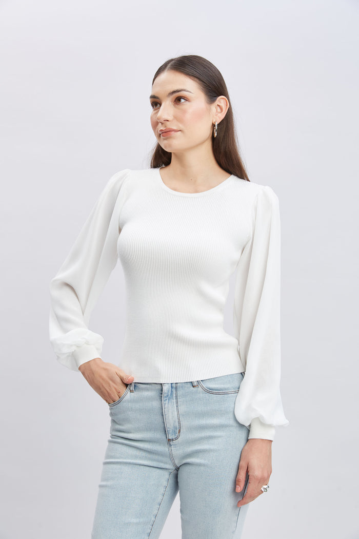 Elie Tahari Chiffon Sleeve Rib Sweater Sky White