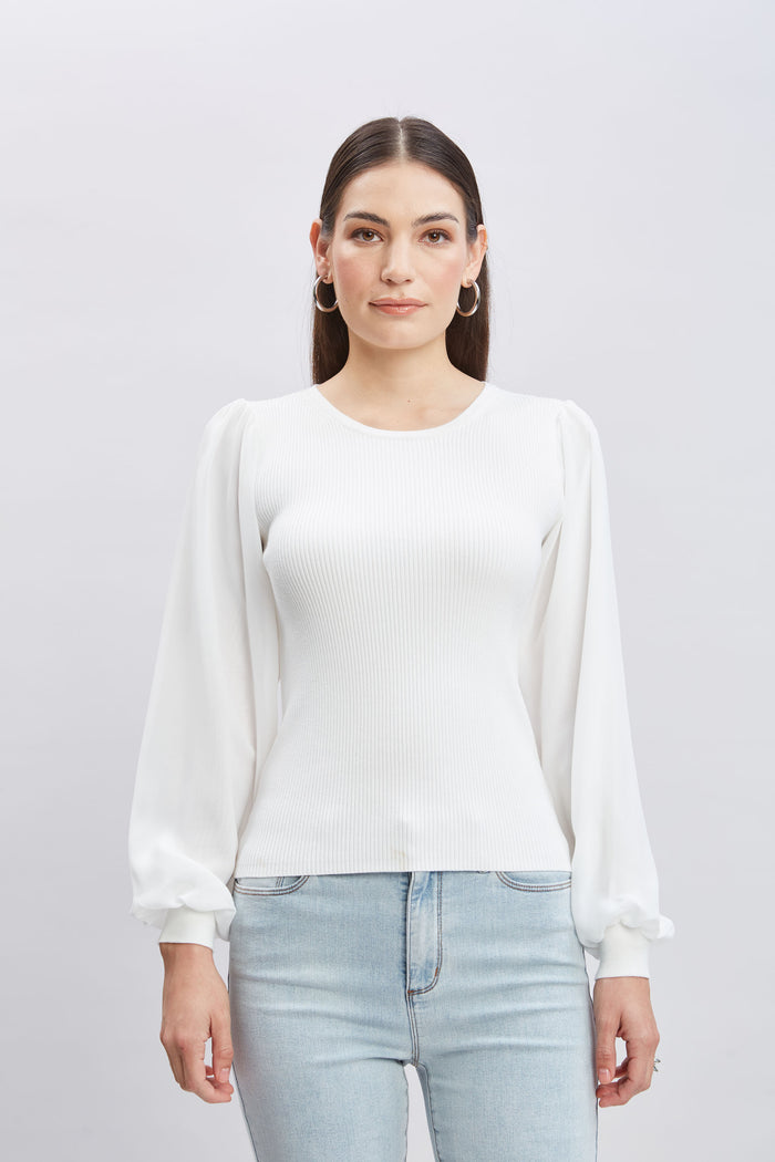 Elie Tahari Chiffon Sleeve Rib Sweater Sky White
